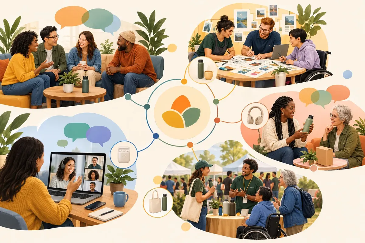 A diverse group of people connect and collaborate around a shared community hub.