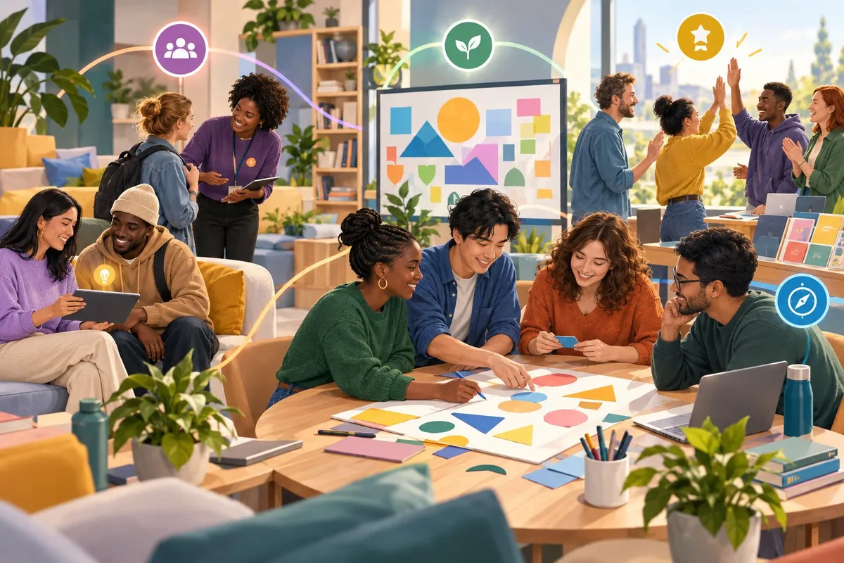 A diverse group of people share ideas, help one another, and collaborate in a community space.