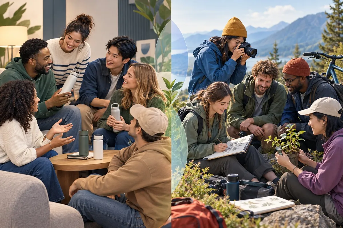 Two groups of people connect around a shared product experience and a shared hobby.
