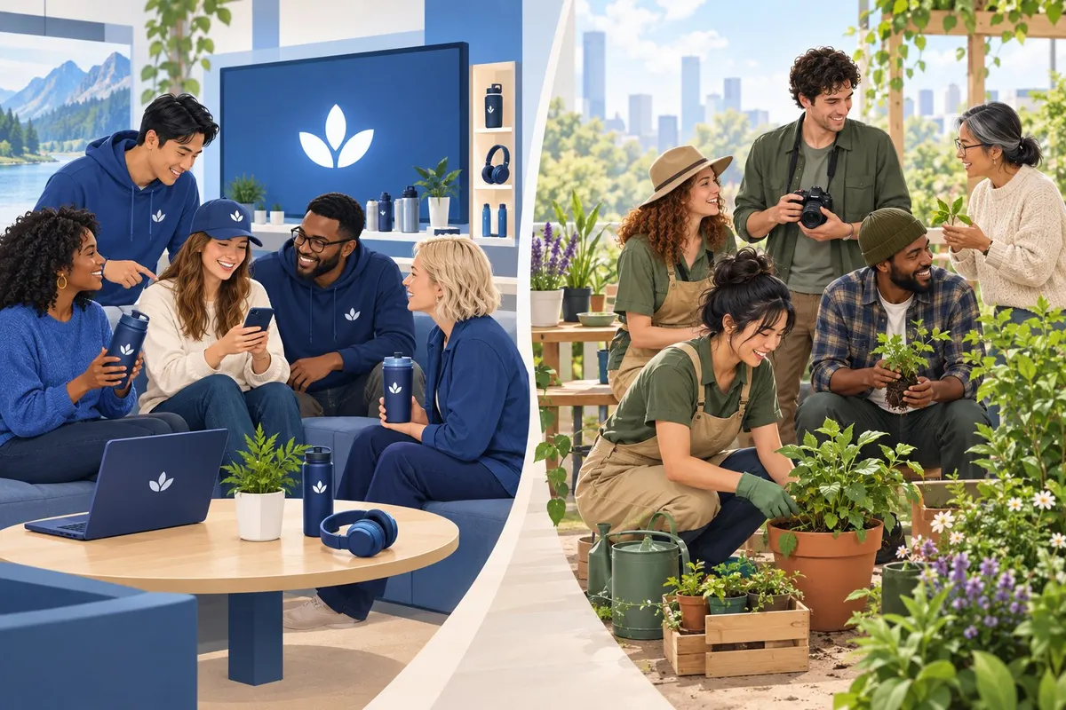 Two groups of people connect around a product on one side and a shared hobby on the other.