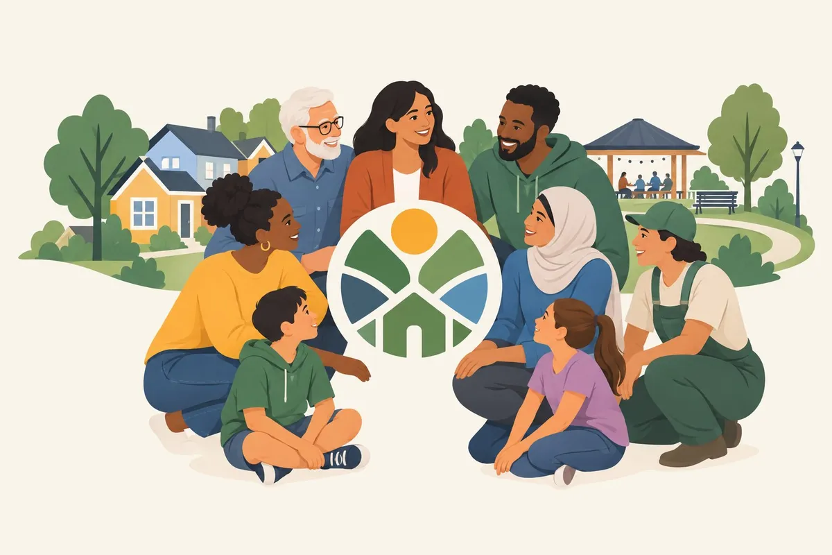 Neighbors gather around a shared emblem, with homes, trees, and a park nearby.