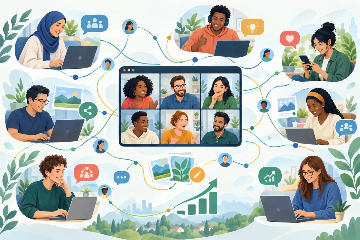 A diverse online community connects and collaborates through video calls, phones, and laptops.