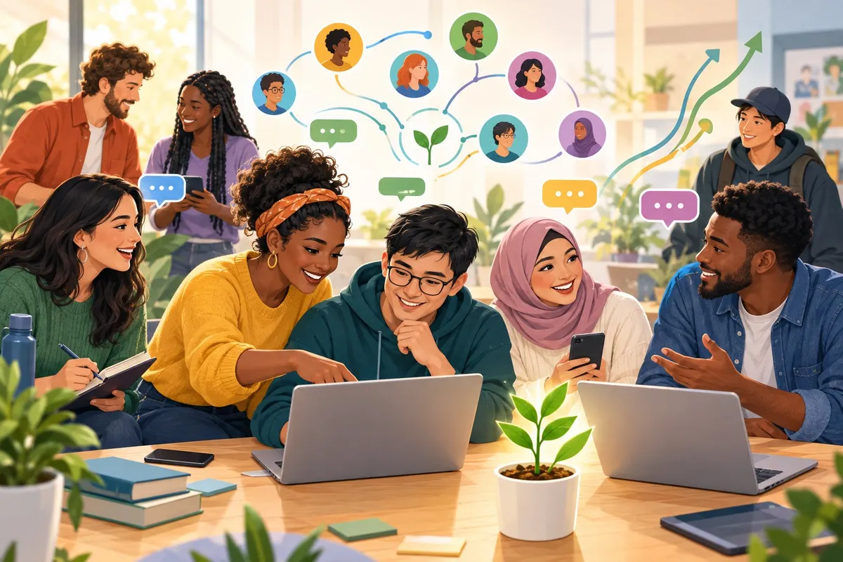 Community members collaborate online as one person guides another and others share ideas.