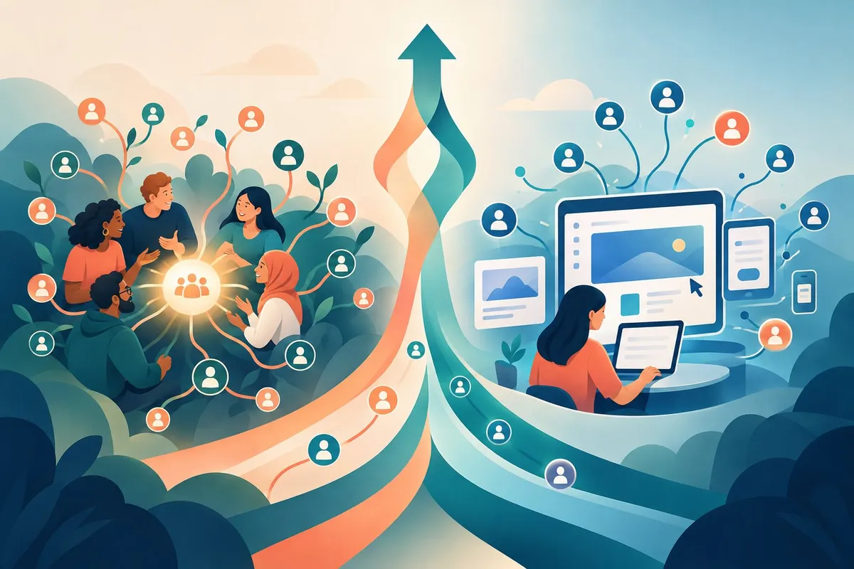 A group of people grows through shared connections alongside users drawn to a digital product.