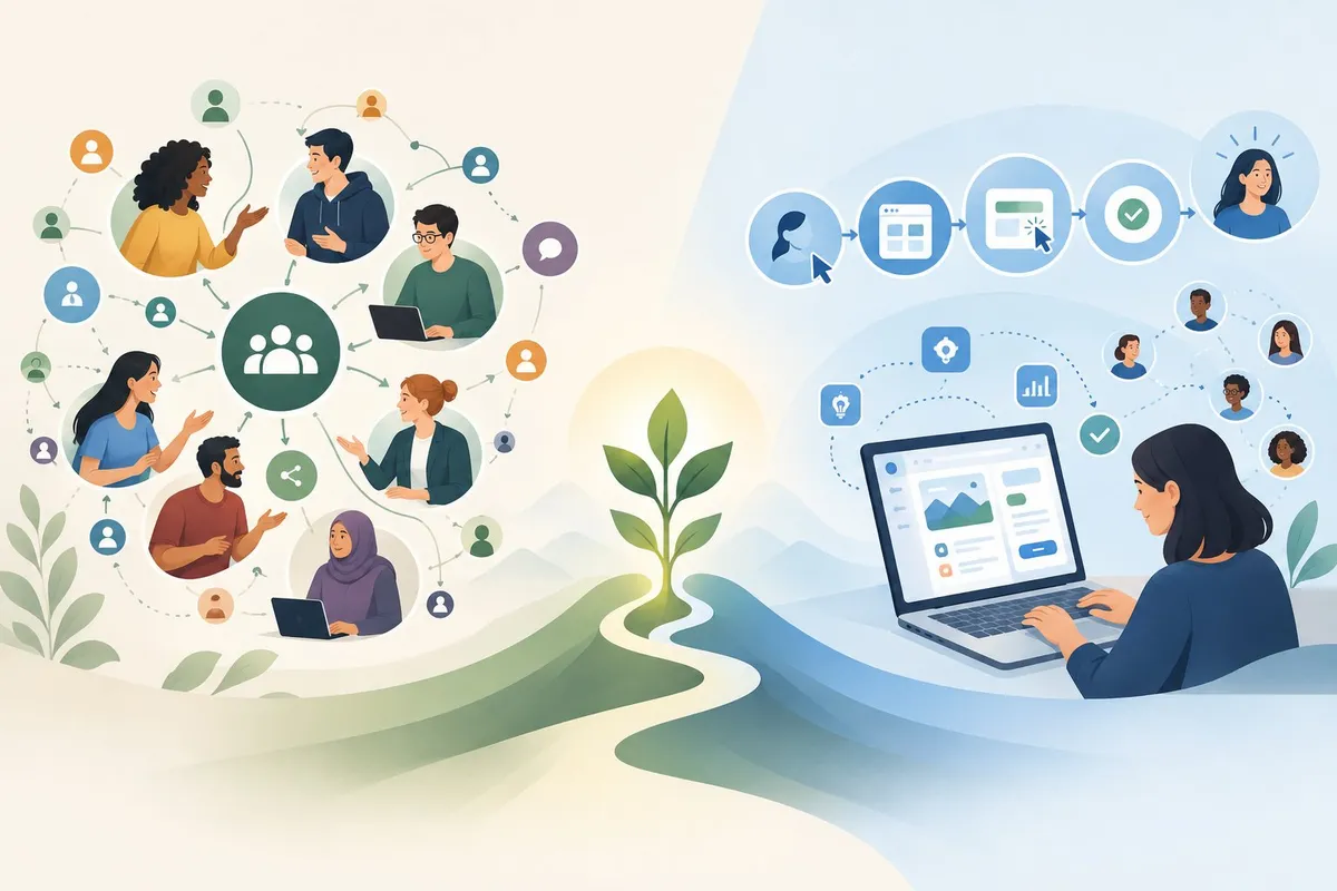 People sharing ideas in a connected community and a user exploring a digital product, with both paths leading toward growth.