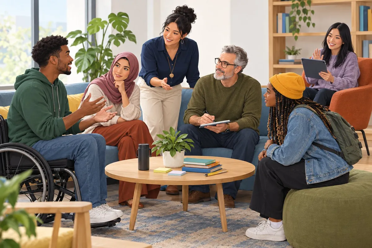 A diverse group of community members shares ideas and helps one another in a welcoming gathering space.