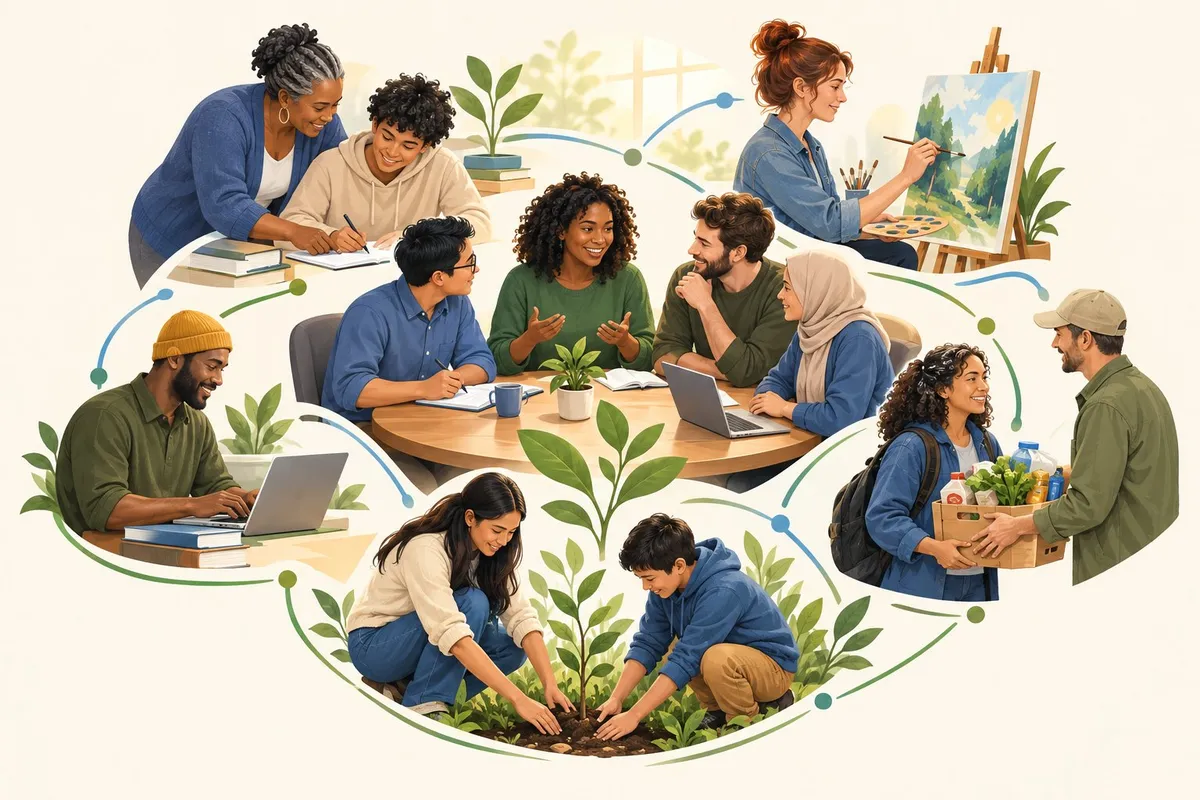 A diverse group of people collaborate and support one another in a shared community space.