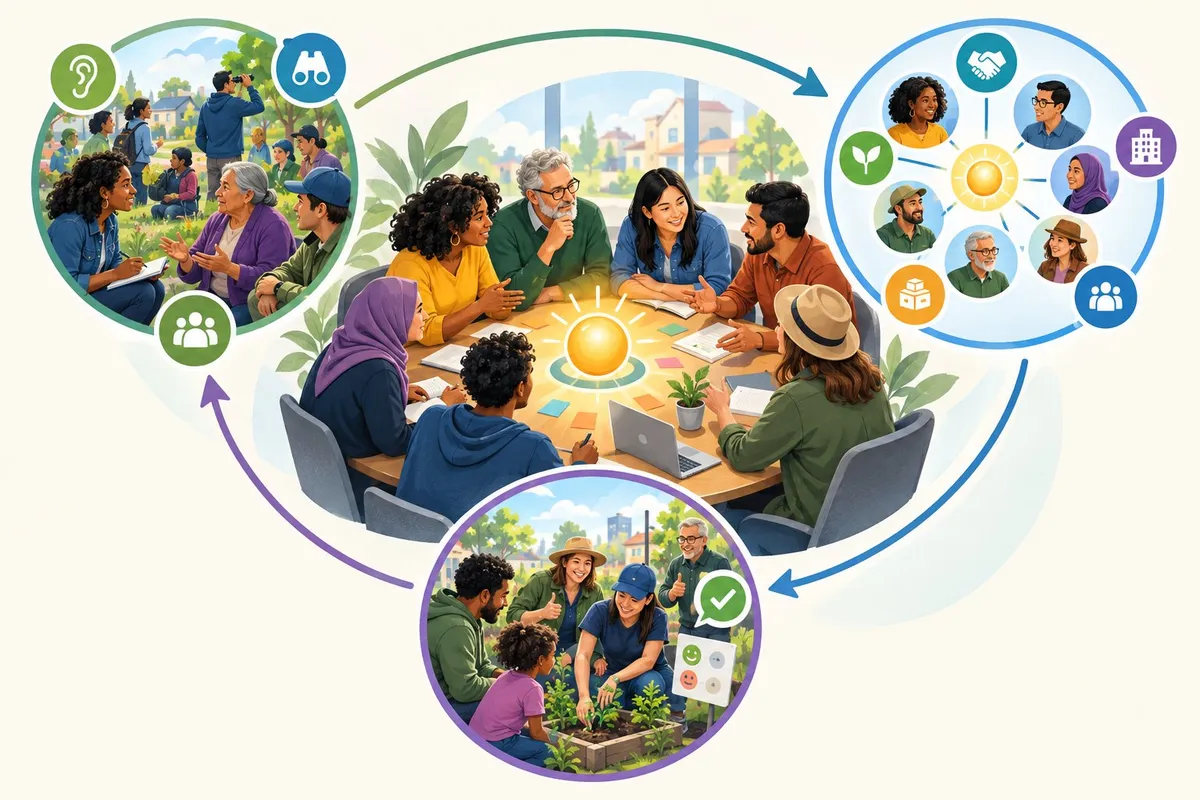 Community members collaborate to develop and test an idea that benefits their community.