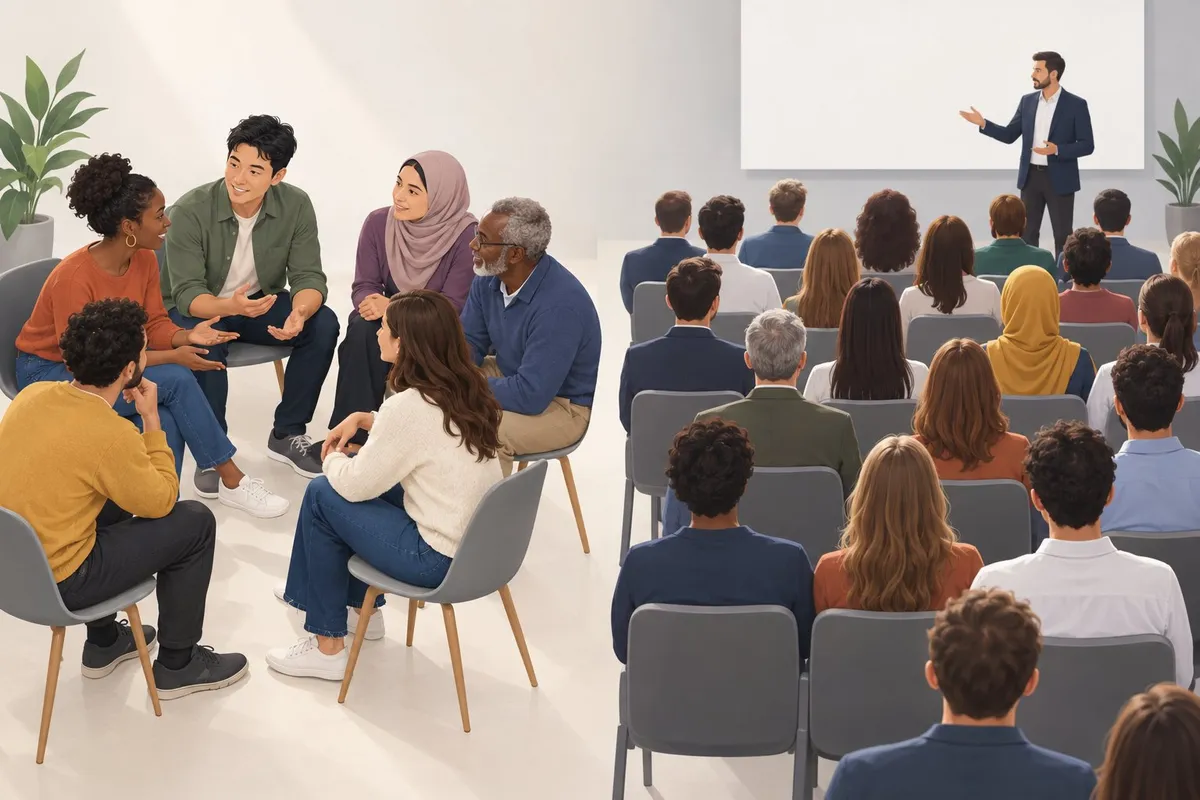 A small group of people talk together in a circle beside a larger group seated in rows facing a presenter.