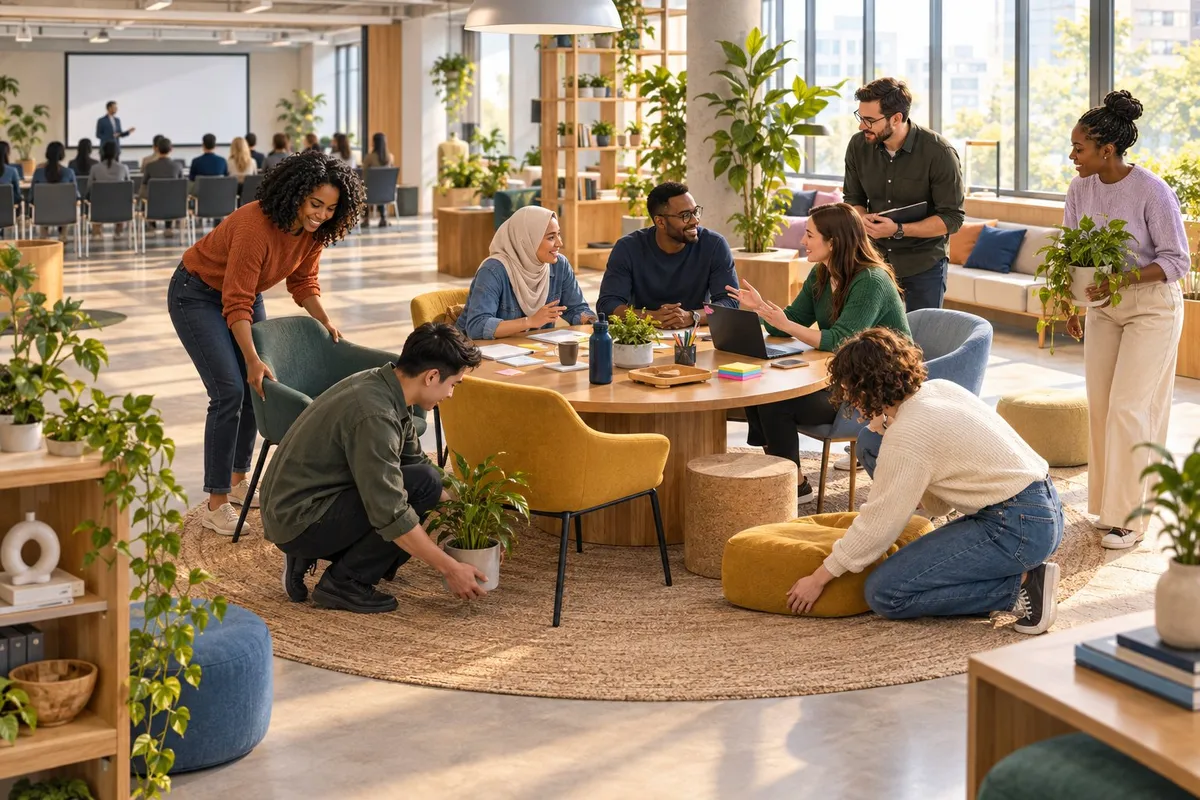 Members arrange a shared gathering space while a business representative listens nearby.