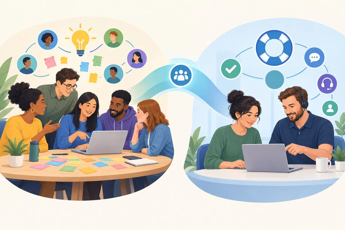 A group of people share ideas on one side while a customer receives help from a support professional on the other.