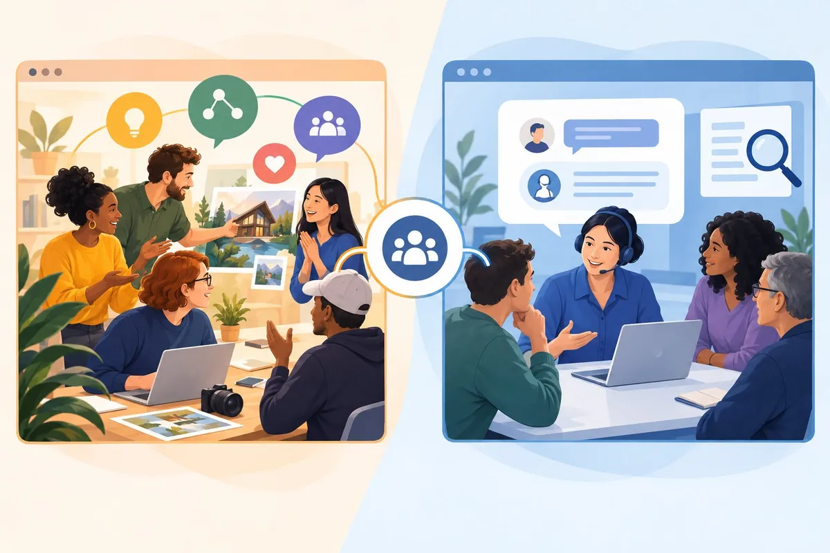 Customers share ideas in one community while a customer receives help in another.