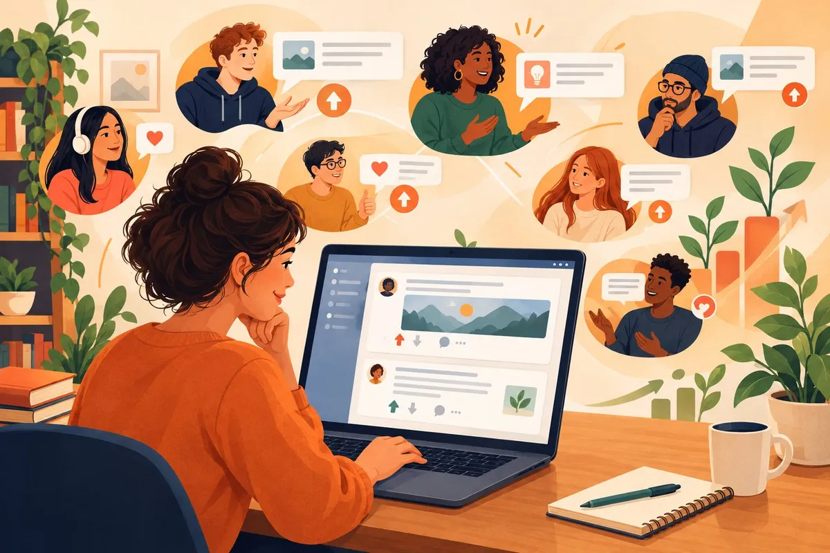 A person shares helpful ideas online while community members respond and vote.