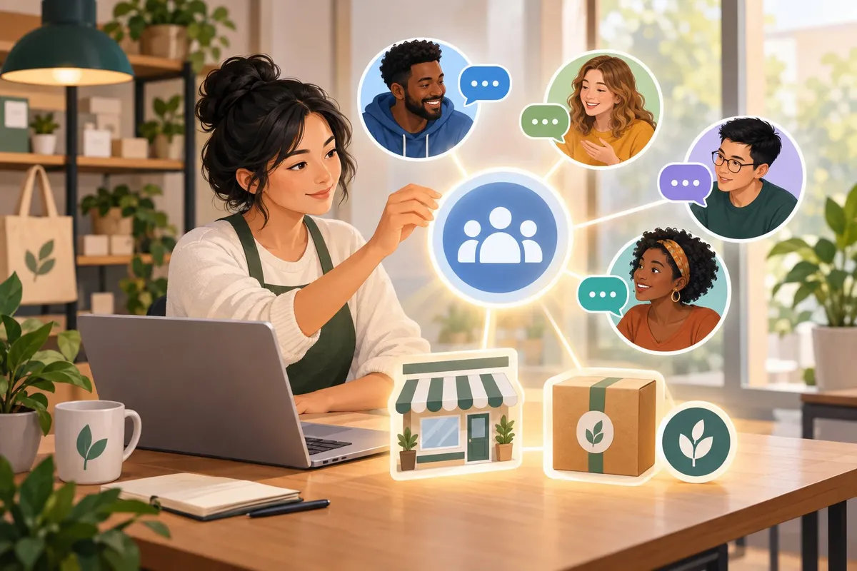 A business owner sets up an online community while customers gather around it.