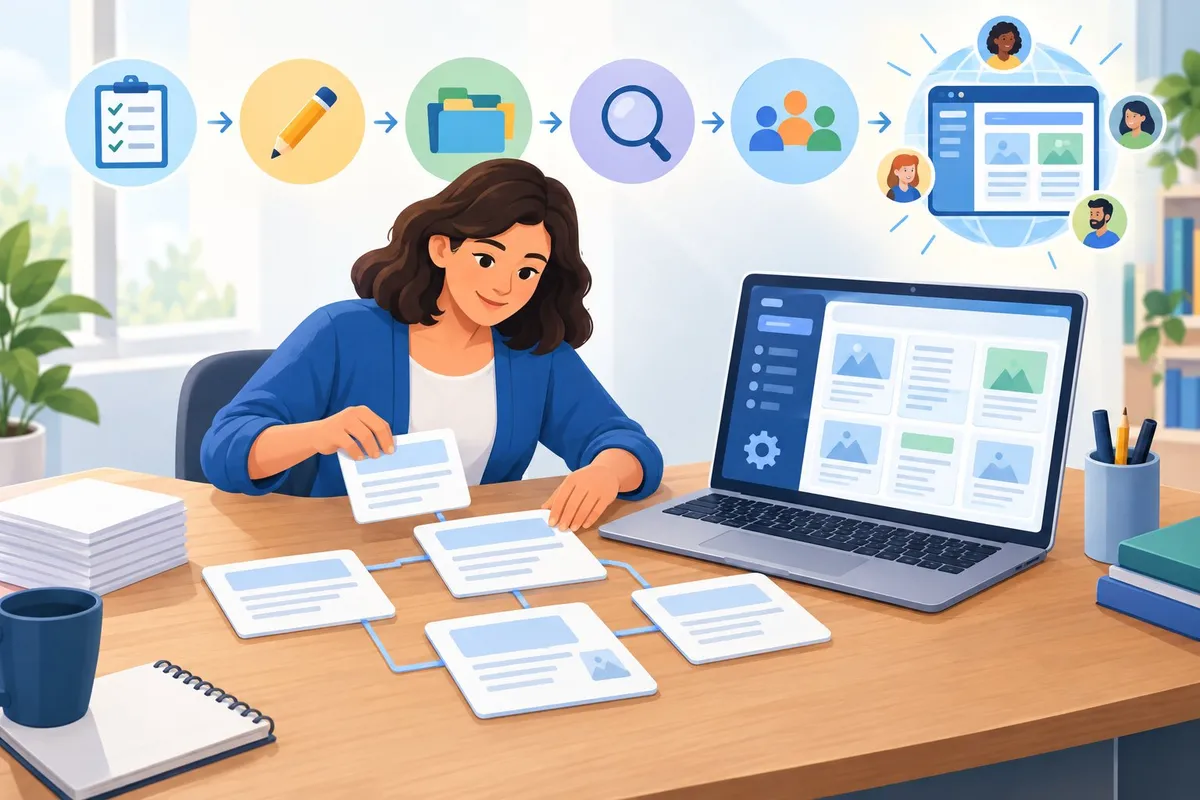 A community moderator organizes blank pages on a laptop into a shared knowledge hub.