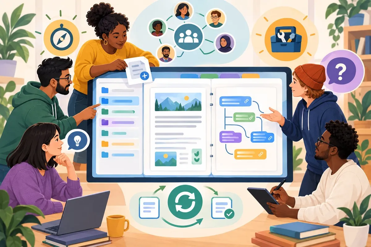 Community members work together to organize and update a shared digital wiki.