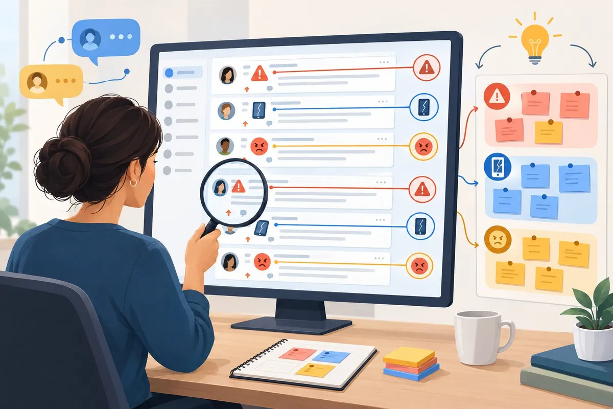 A researcher examines online discussion threads and groups repeated customer concerns into patterns.