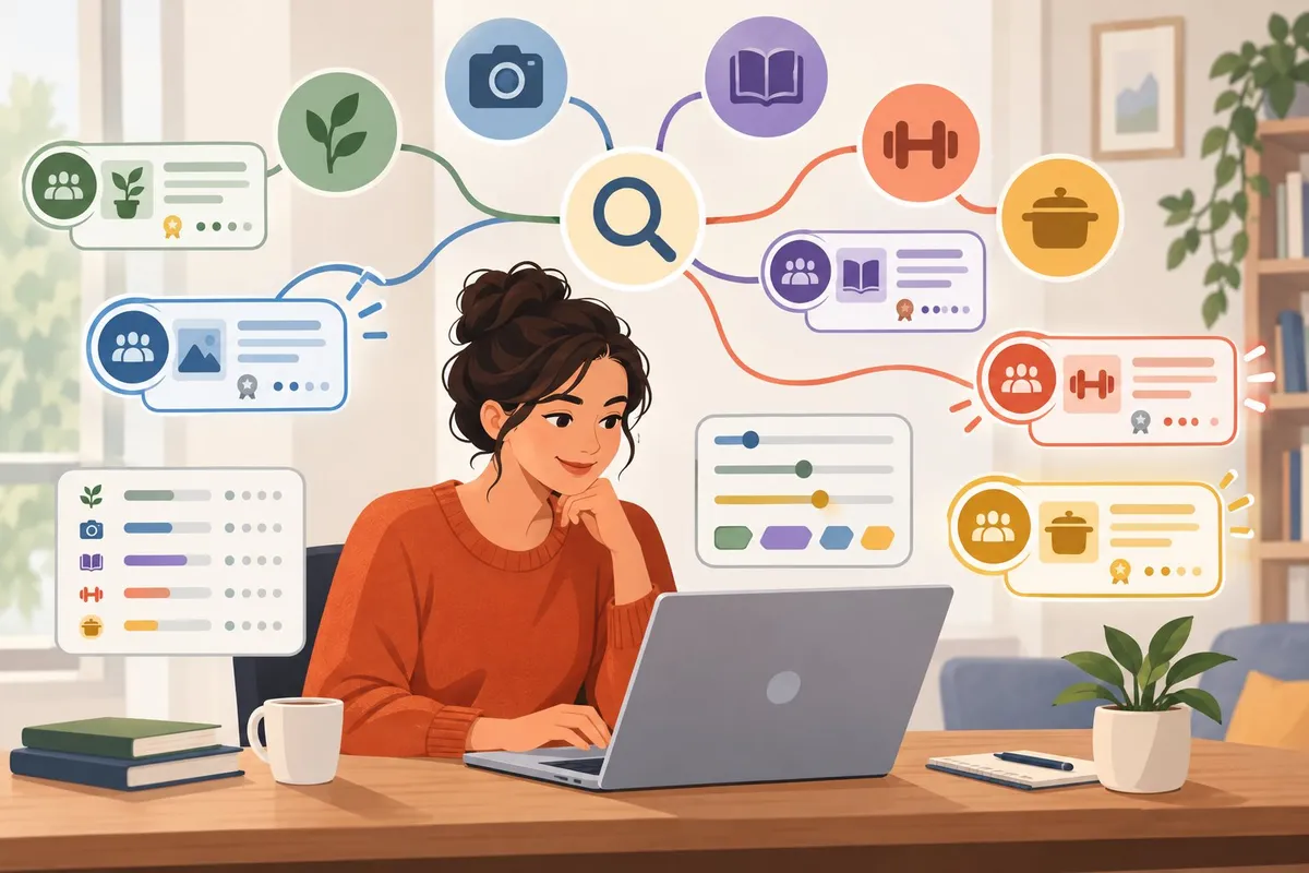A person uses a laptop to explore groups connected to different interests.