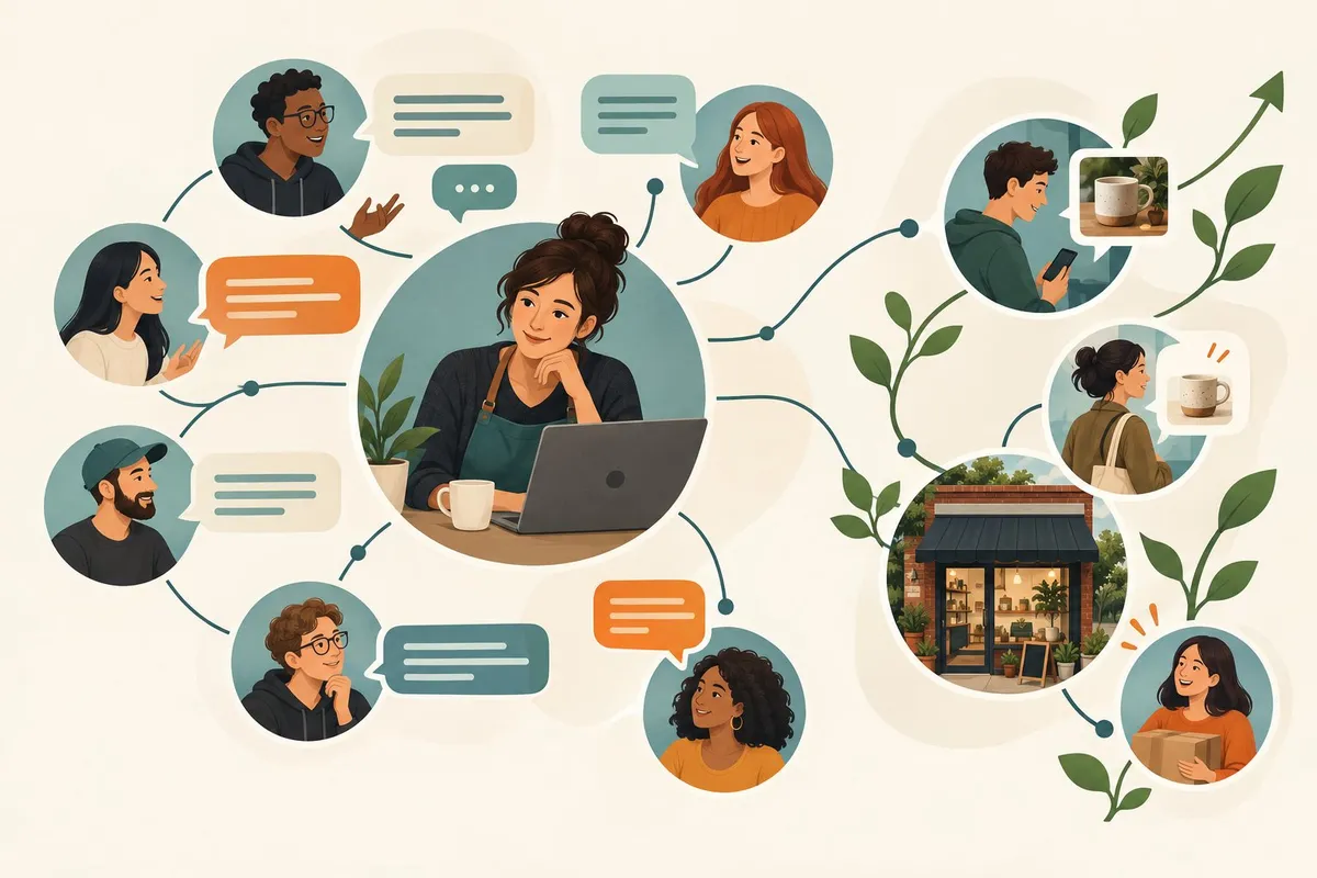 A small business owner joins an online community discussion as people connect with the business.