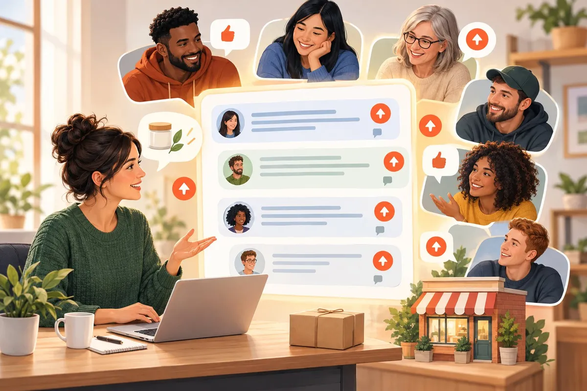 A small-business owner shares helpful advice with an online community, whose members respond with discussion bubbles and upvotes.