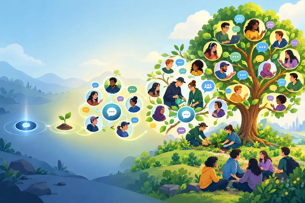 People join and contribute to a small online community as it grows into a lively network.