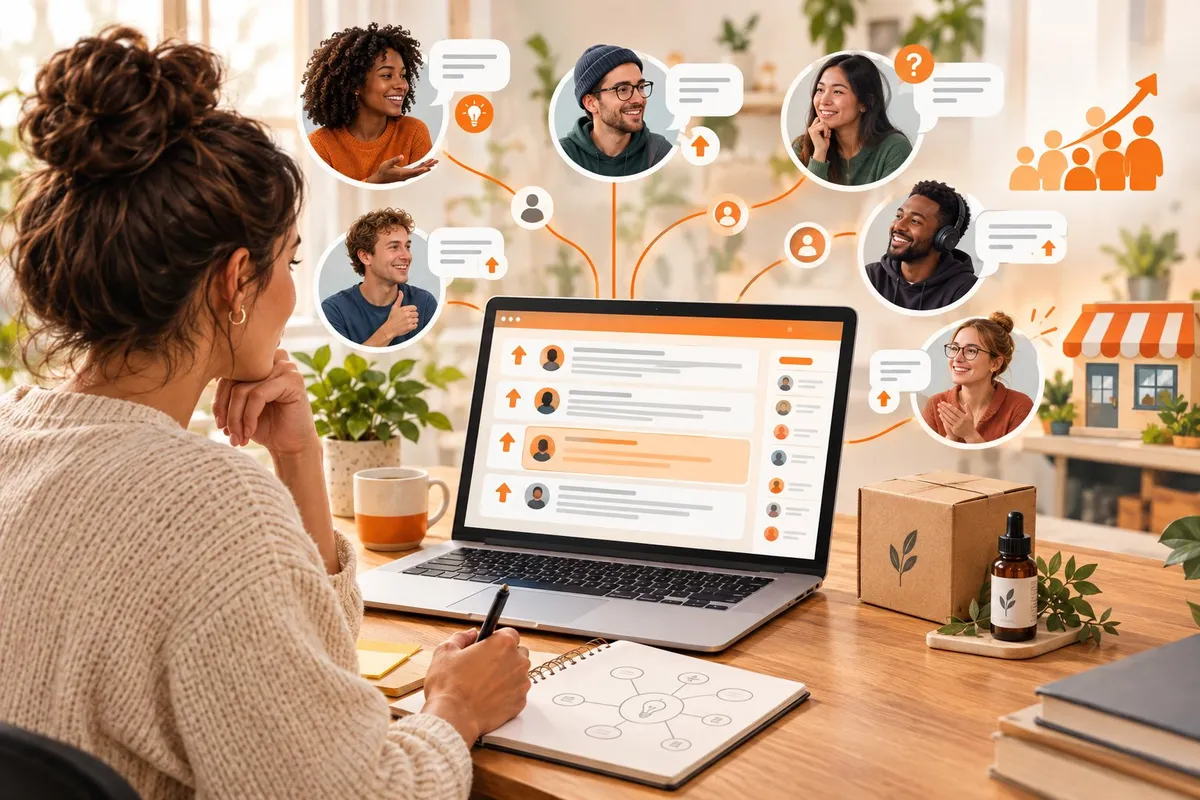 A small-business owner uses a laptop to connect with an online community.