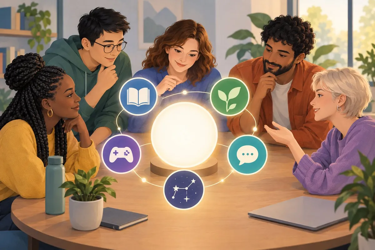 A group of people considers symbols for a shared online community.