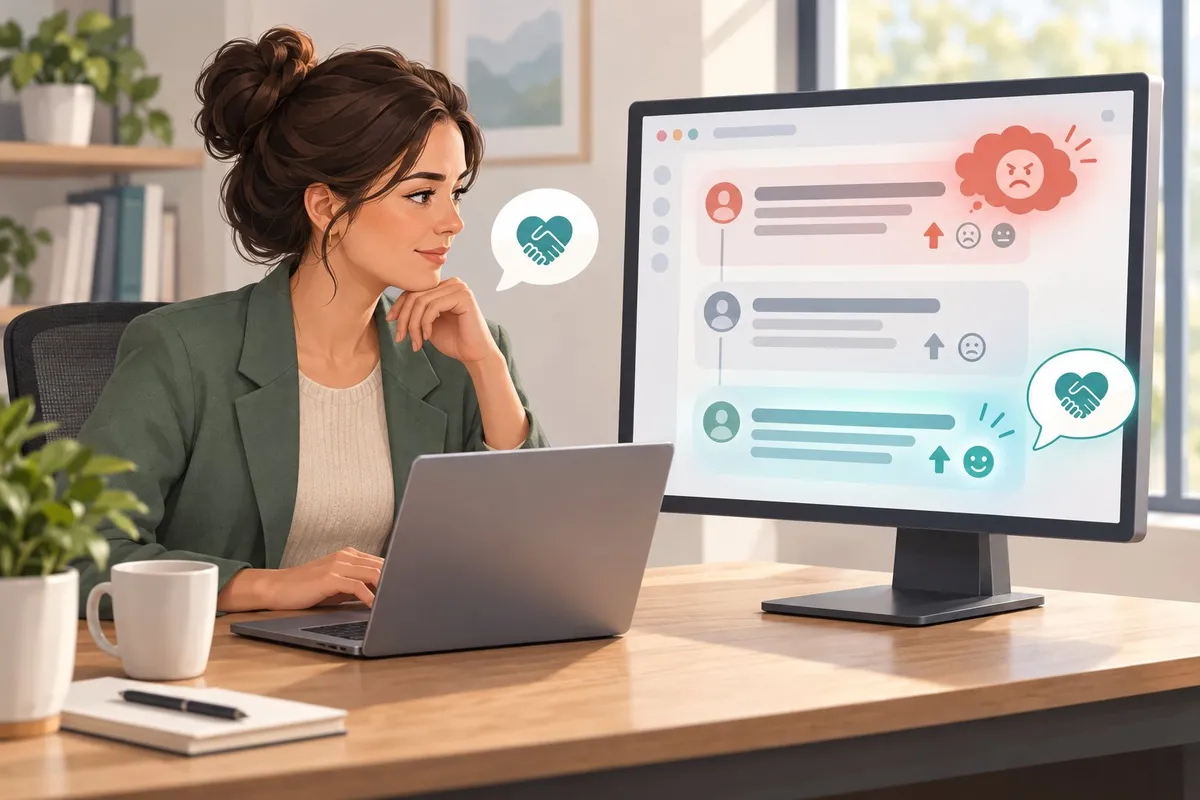 A community manager calmly preparing a thoughtful reply to a negative online review at a computer.