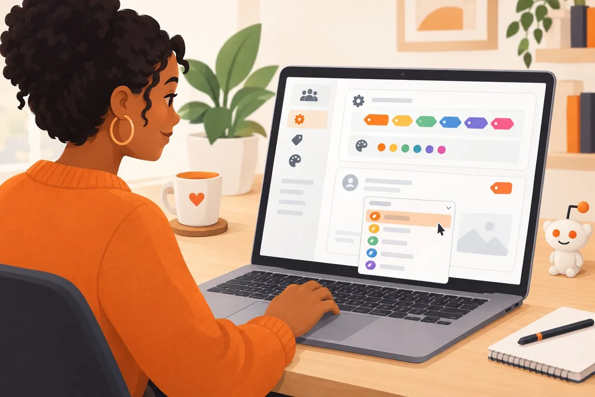 A community moderator selects a colorful tag for a post using a laptop.