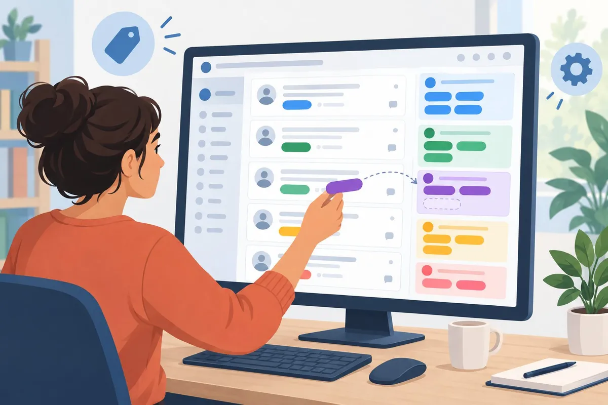 A person organizes colorful flair badges on discussion posts displayed on a monitor.