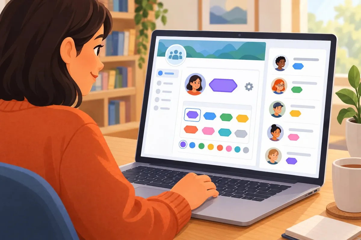 A person uses a laptop to choose a colorful badge for their community profile.