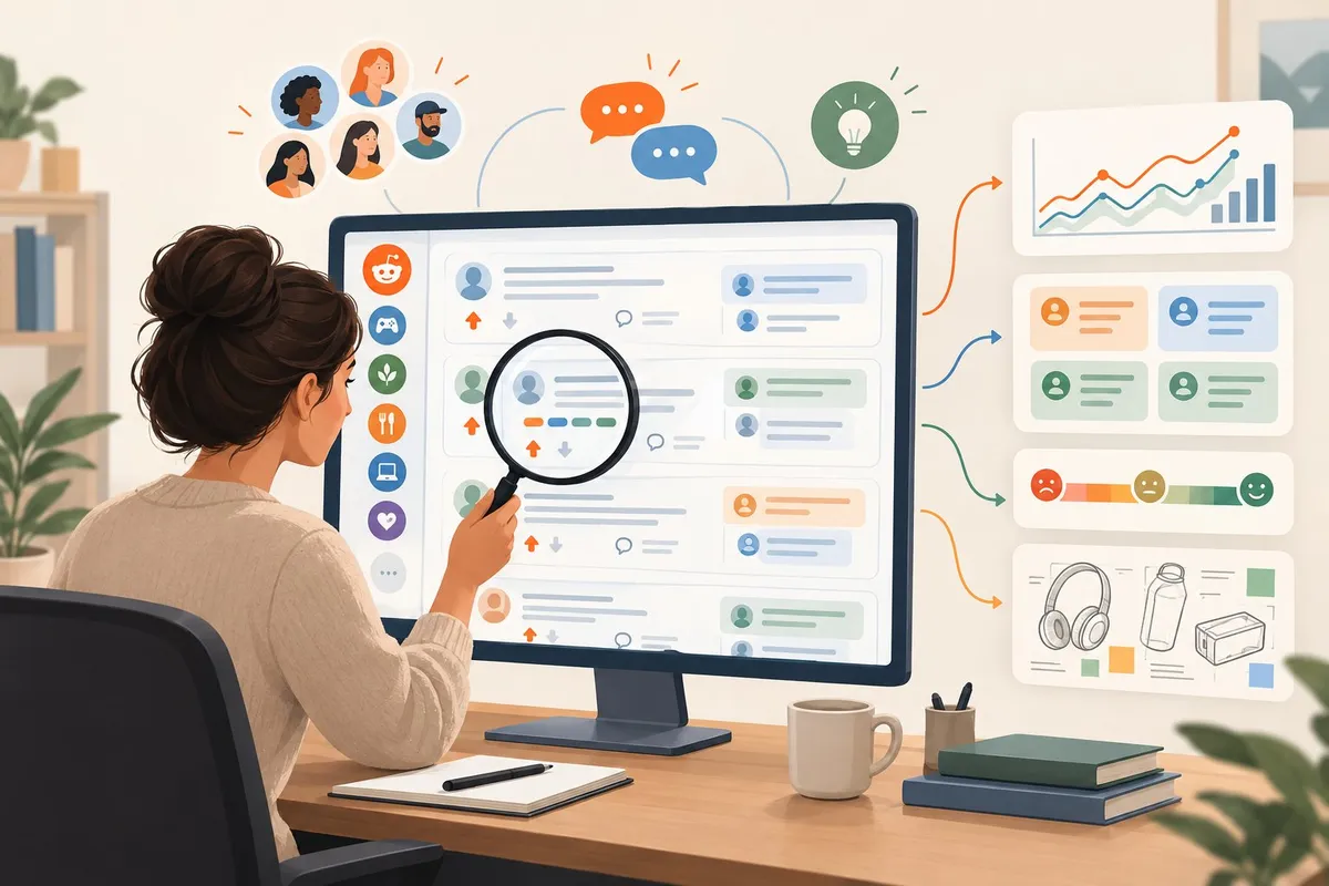 A researcher reviews online community discussions and organizes customer feedback into market insights.