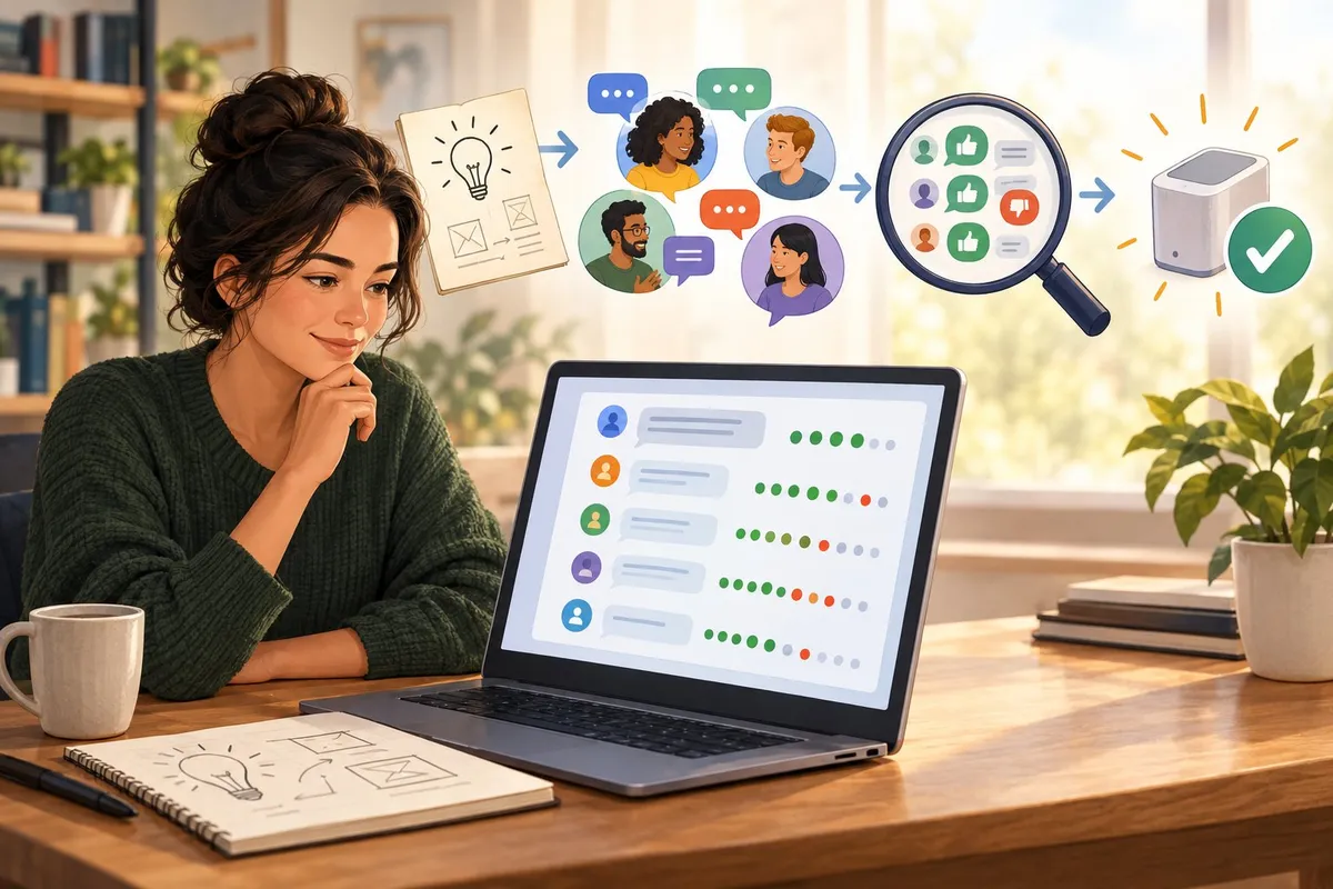 An entrepreneur reviews online community feedback about a business idea on a laptop.