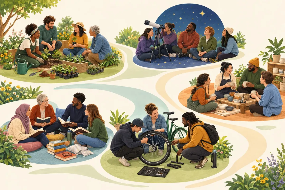 People gather in small groups around shared interests such as gardening, astronomy, crafts, reading, and cycling.