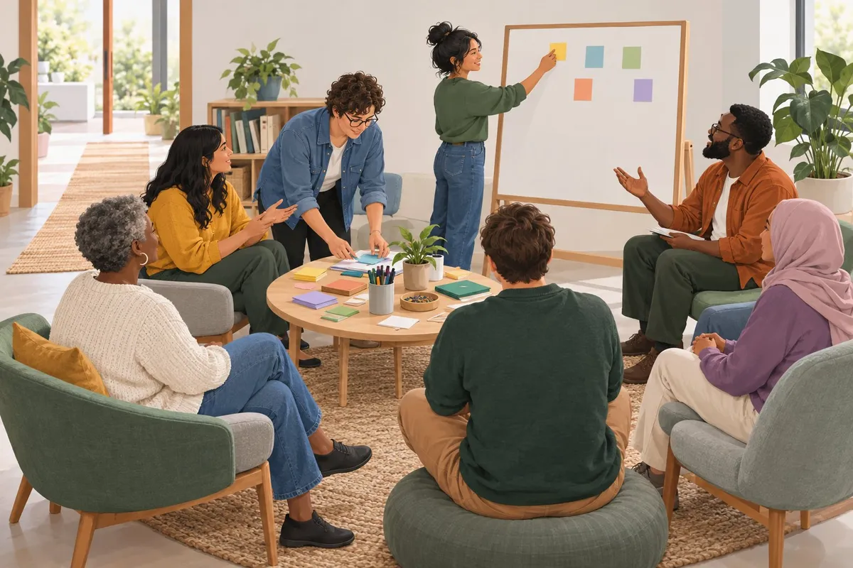 Community members gather around a shared workspace, contributing ideas and working together.