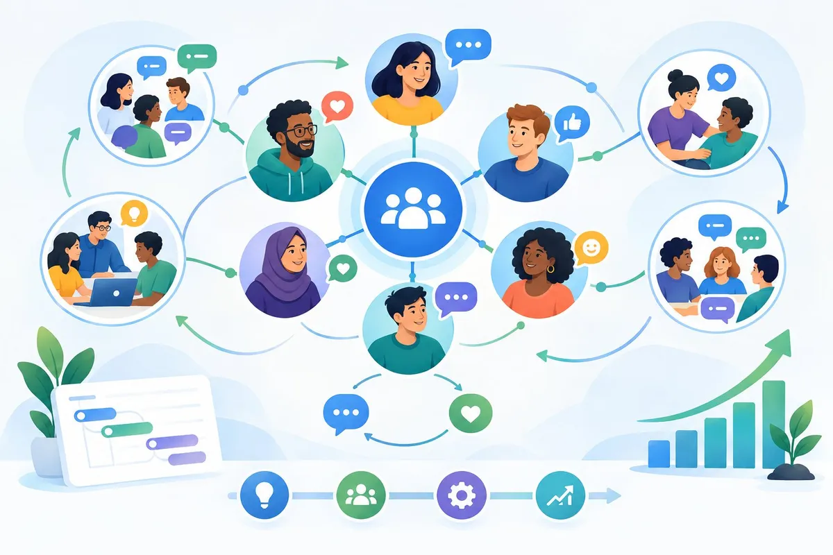 People connect and collaborate through a central online community hub.
