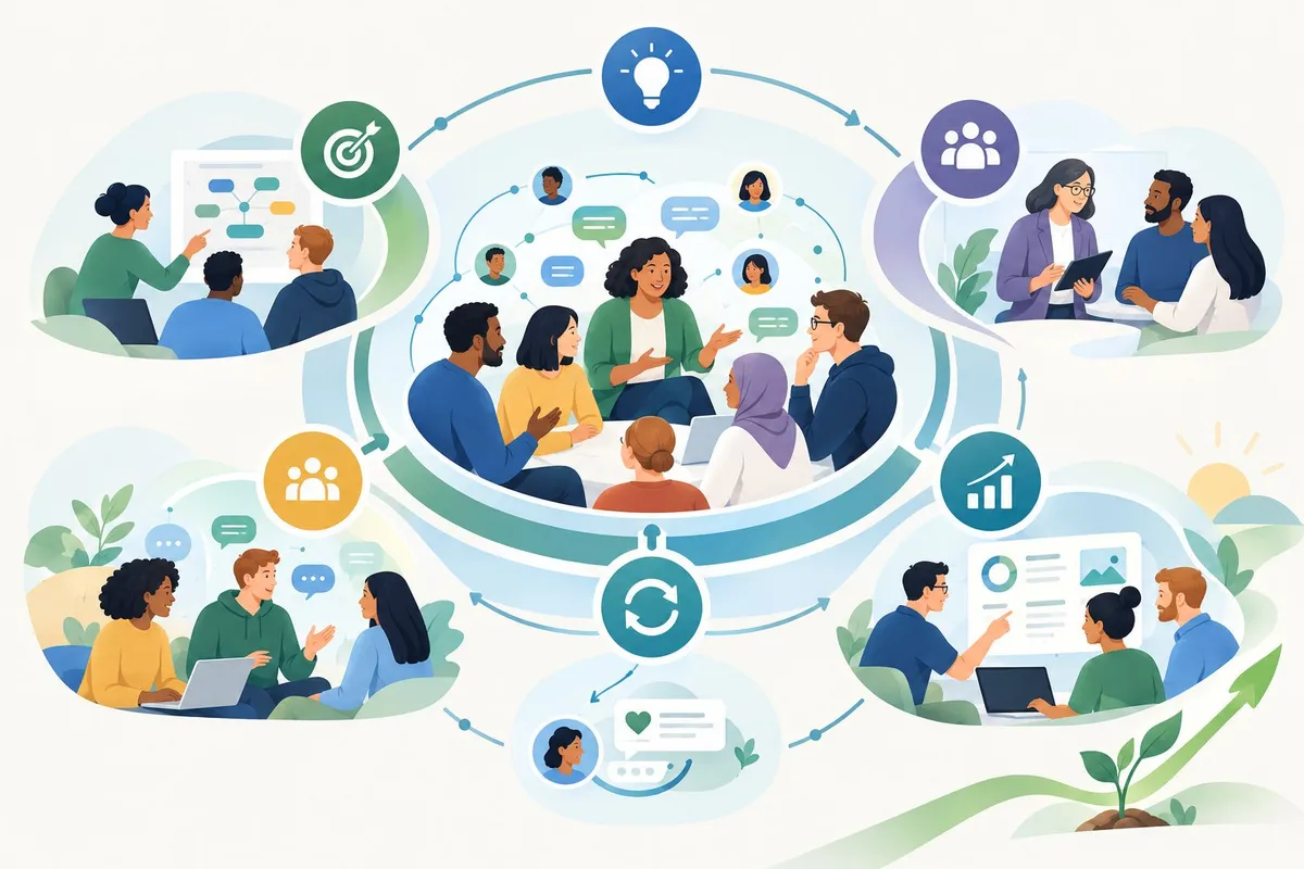 A diverse group collaborates in a connected online community, sharing ideas and turning them into lasting outcomes.