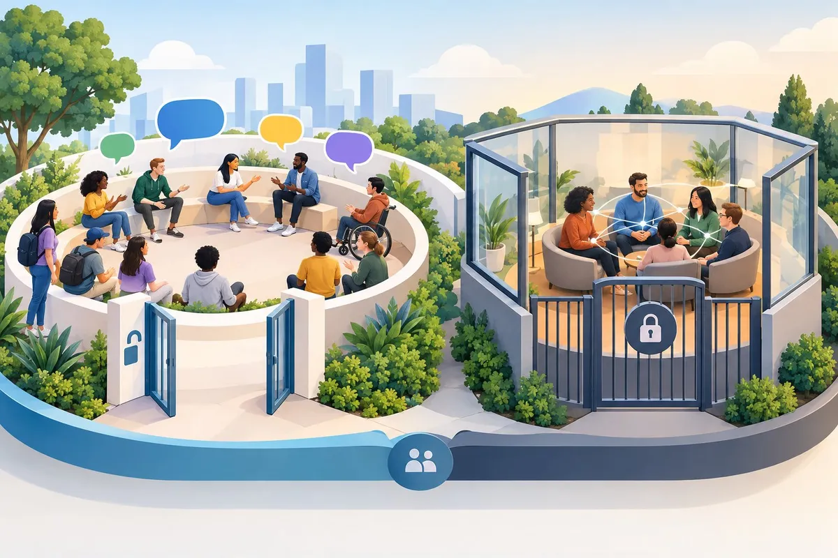 Two online communities are shown side by side: one open to everyone and one protected by a locked gate.