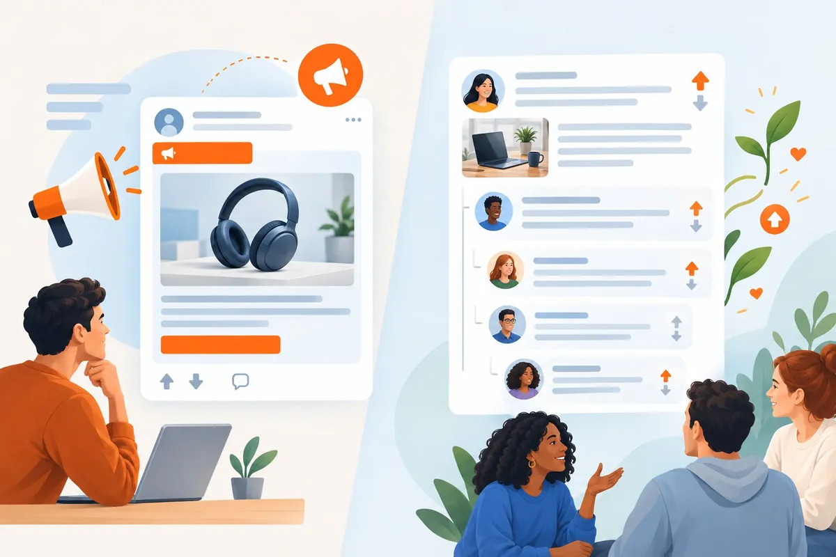 A sponsored discussion post sits beside a community conversation that grows through helpful comments and votes.