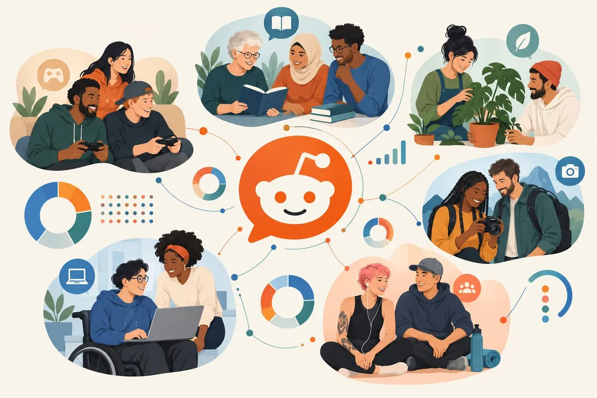 A diverse group of people gathered around a community hub with abstract charts and symbols.