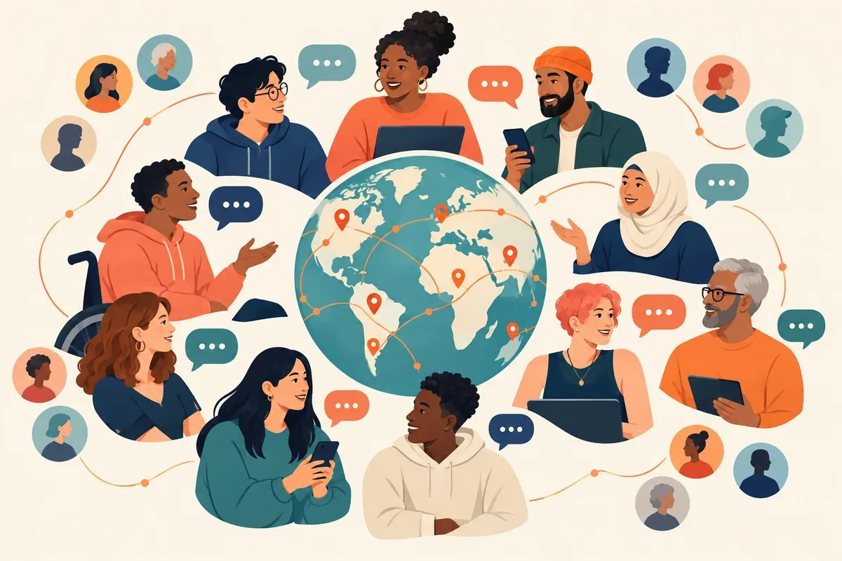 A diverse group of people gathered around a globe with location pins and conversation bubbles.