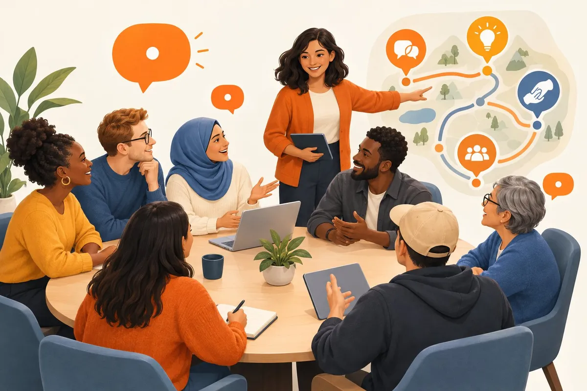 A diverse group gathers around a table as one person guides them through a map of connected paths.
