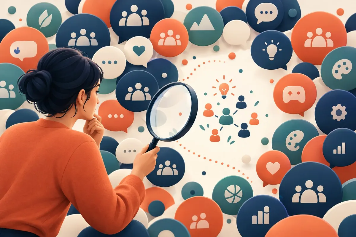 A person uses a magnifying glass to find an open space between clusters of online communities.