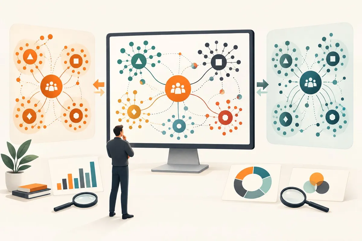 An analyst compares connected online communities and platform data on a large screen.