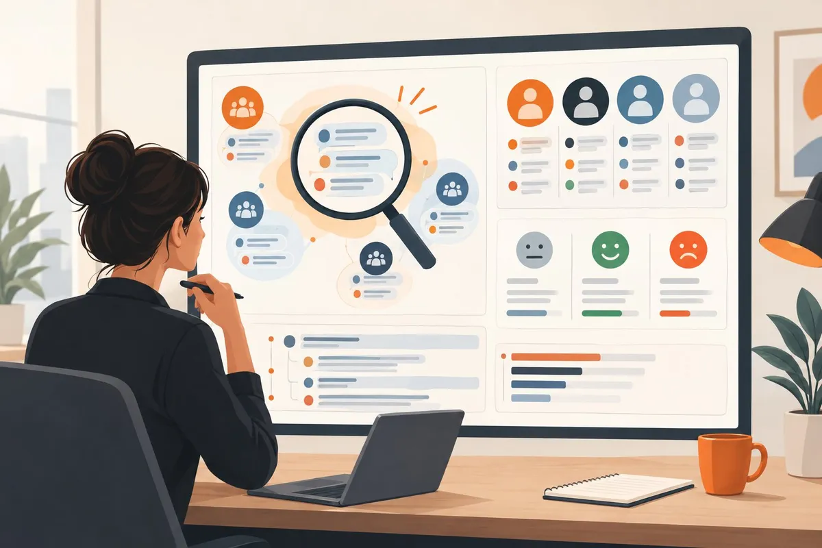 An analyst examines clustered online discussions and compares competitor conversations on a dashboard.