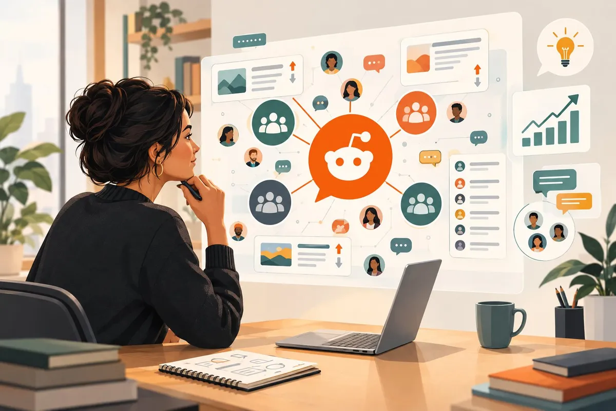A marketing strategist studies a dashboard of connected online communities and discussion groups.