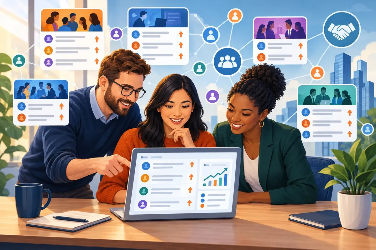 A marketing team reviews online discussions and audience analytics on a laptop.