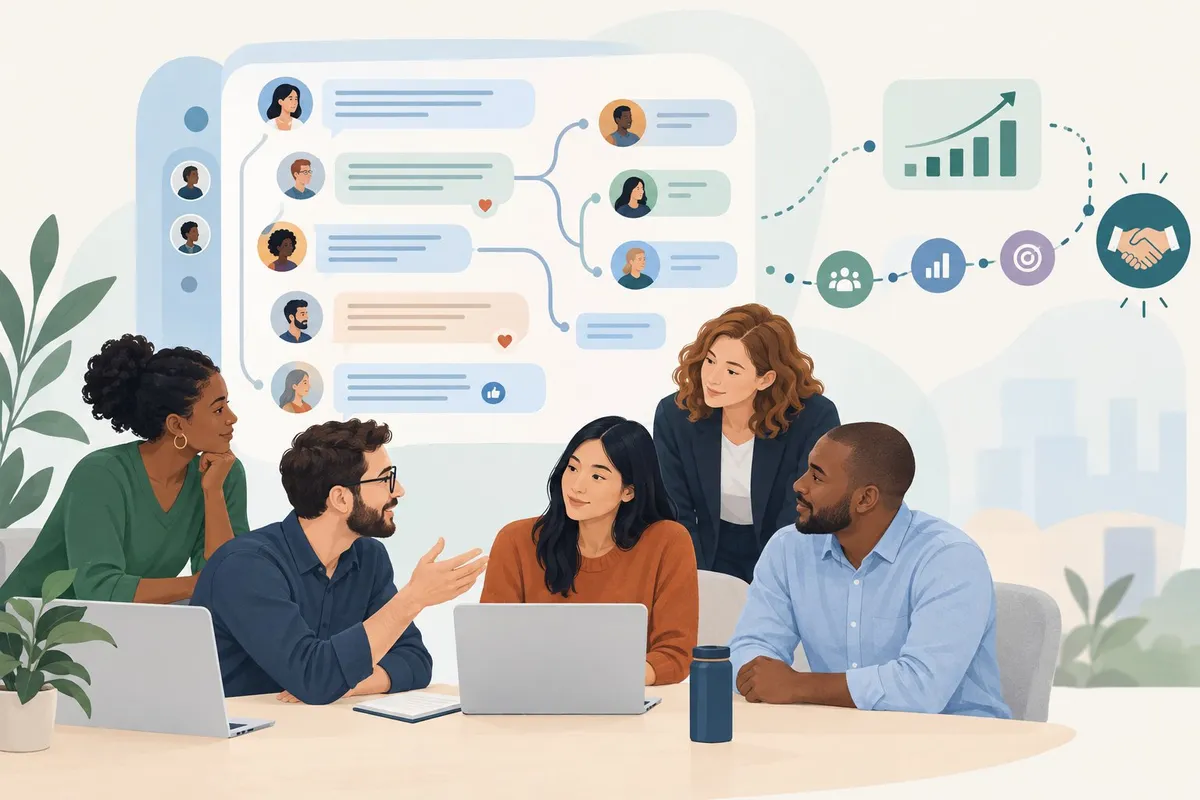 A B2B team joins an online community discussion while a rising chart suggests the value of their participation.