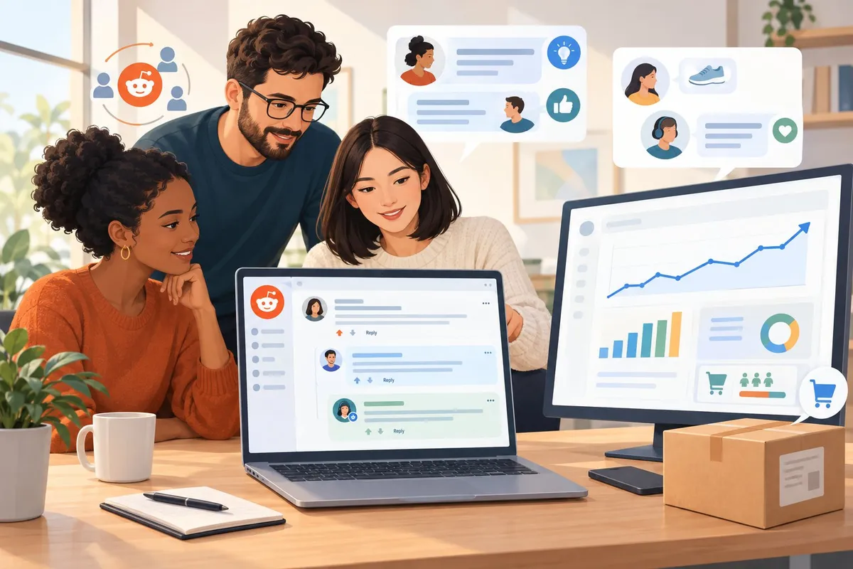 An ecommerce team answers customer questions in an online community while reviewing campaign results.