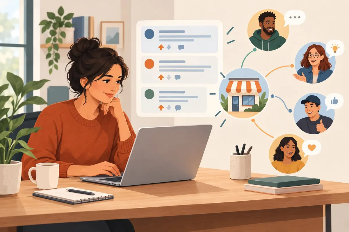 A small-business owner plans an online marketing campaign while customers engage in a discussion.